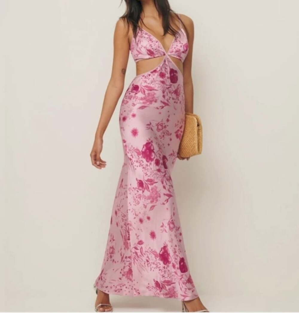 NEW NWT Reformation Milla Silk Poppies CutOut Maxi Dress Pink Size 12